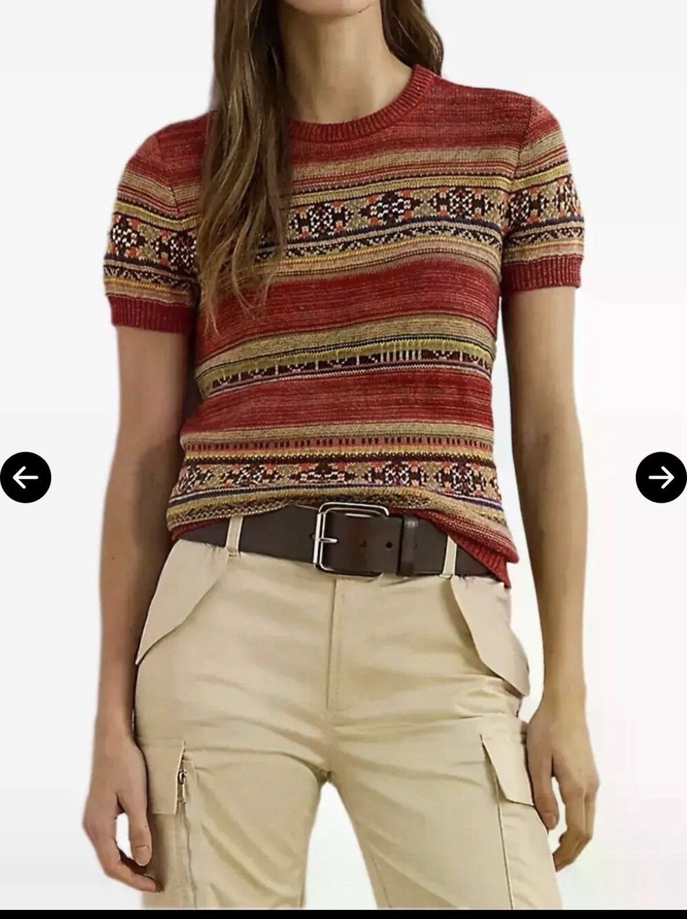 NWT Ralph Lauren Geo-Striped Fair Isle Linen Blend Short Sleeve Sweater Women S